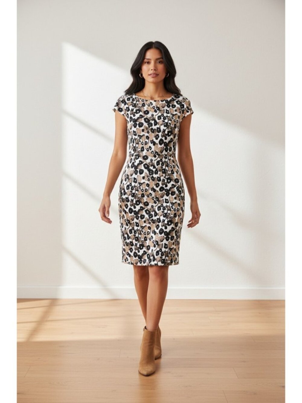 Max Mara Animal Print Sheath Dress Womens Sz 10 Black Tan Cocktail Career Formal